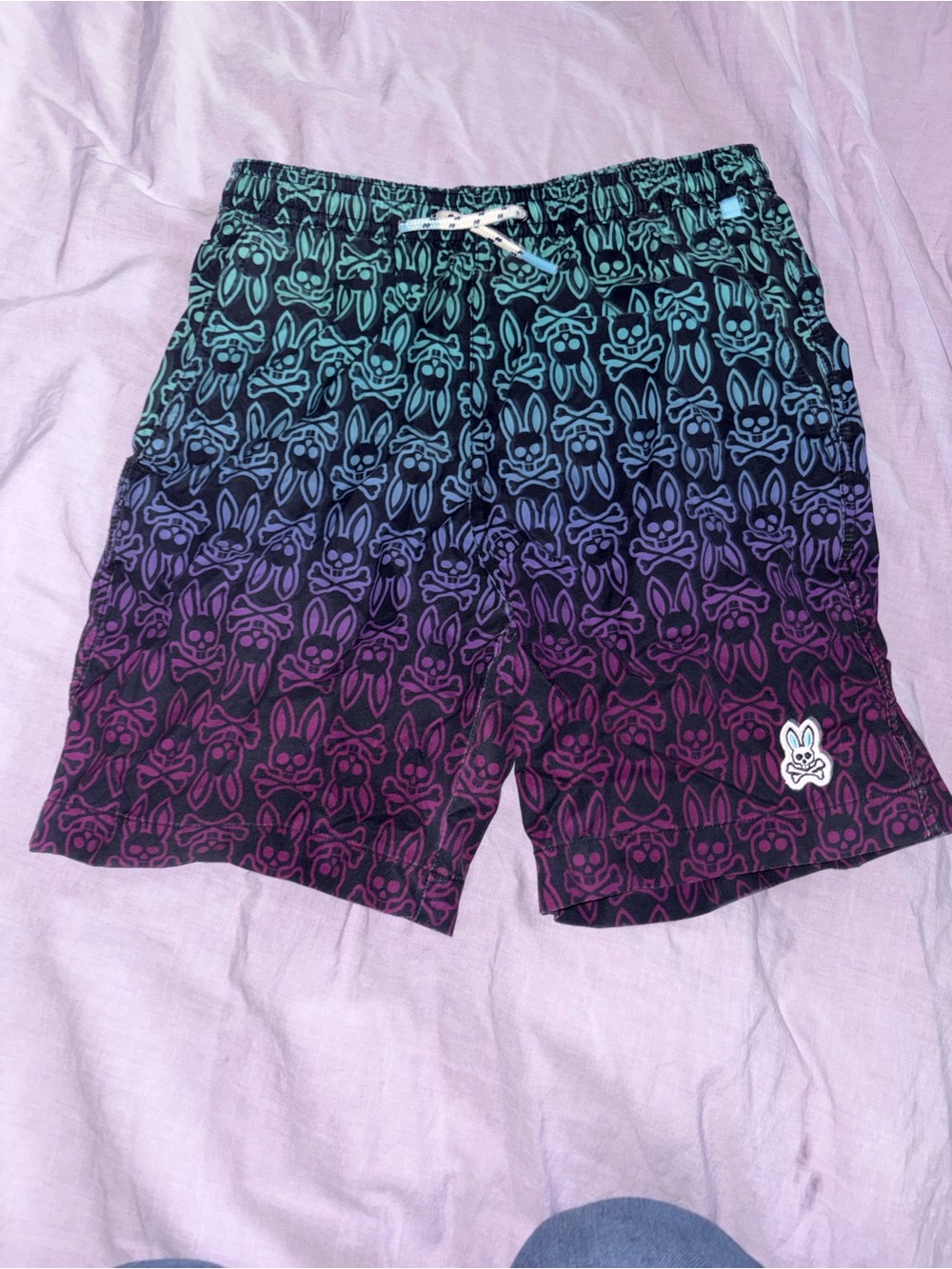 Psycho Bunny Teal to Purple Gradient Bunny Skull Swim Shorts